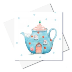 JC029 Blue Teapot House Greeting Card